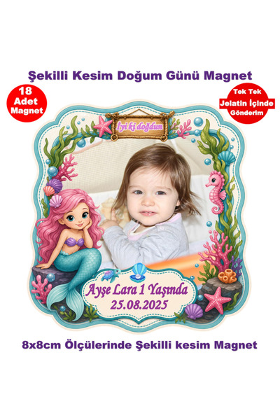 Elara Tasarım Deniz Kızı Temalı Şekilli Kesim 18 Adet Fotoğraflı Kişiye özel ...