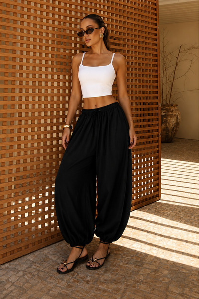 Seeh بنطلون بالون أسود بخصر مربوط وأرجل مطاطية Sh390