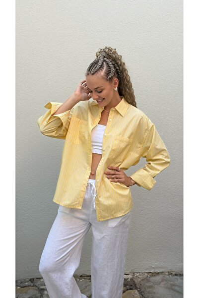 JANNA BUDAK BOUTİQUE Sarı Çizgili Oversize Poplin Gömlek