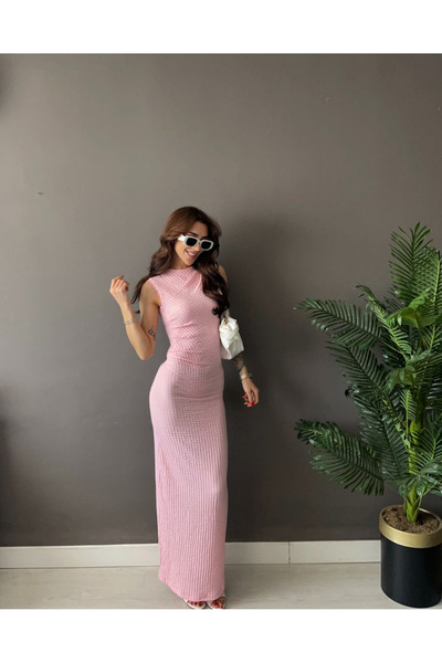 Zenaelle Yandan Büzgülü Sıfır Kol Pembe Elbise