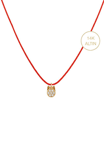 KURSHUNI Taşlı Kedi, 14 Ayar Altın Kolye (İpli)