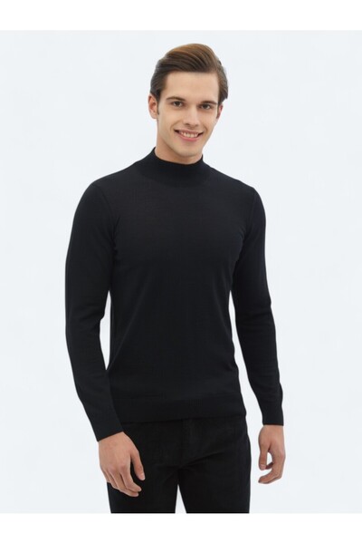 Kip Black Half Turtleneck Plain Knit Wool Blended Sweater Sweater
