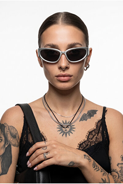 Houseofeyeris Zayra Gray Frame Narrow Oval Cat-Eye Sunglasses – Black Lens – ...