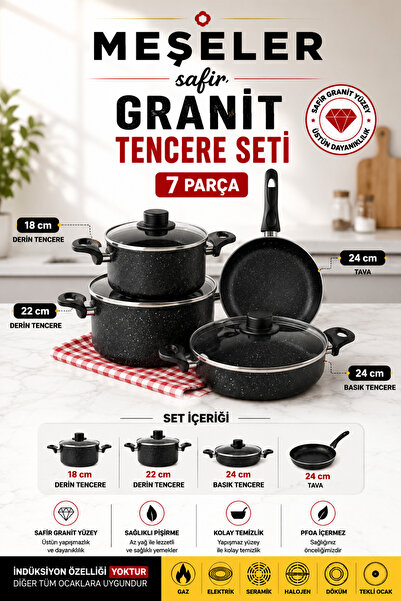 MEŞELER safir granit tencere seti 7 parça siyah