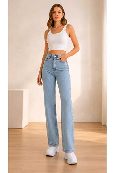 LİMABEL Women's Blue High Waist Palazzo Jeans Loose Jeans
