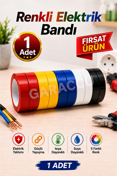 garaccu Renkli Elektrik Bandı İzole Bant Tamir Bandı 1 Adet