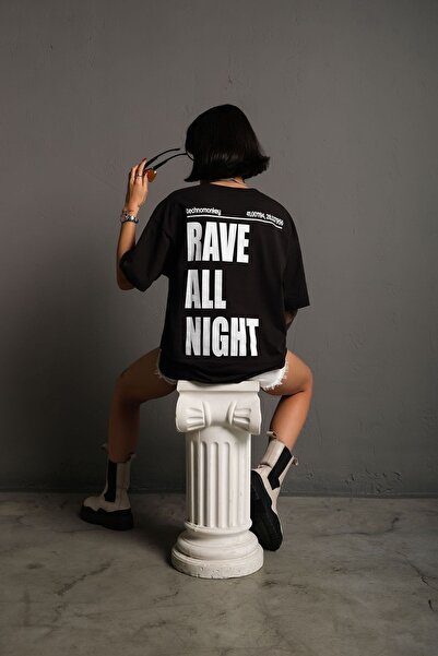 technomonkey تي شيرت أسود كبير الحجم مطبوع عليه الهذيان طوال الليل للجنسين