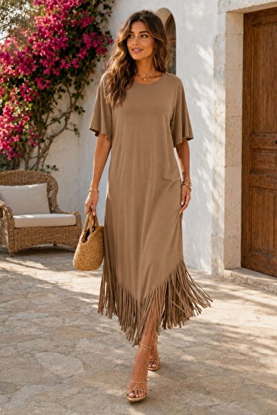 Mossta Short Sleeve Crew Neck Viscose Midi Dress with Tassel Detail - Tan