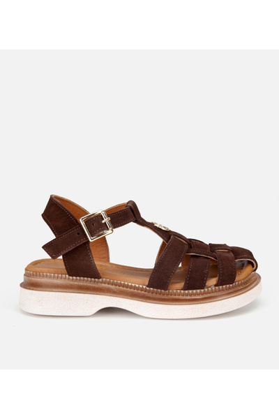 Hotiç Women's Suede Leather Brown Comfort Flat Sandals