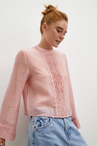 Never more Lace Trimmed Long Sleeve Blouse Pink