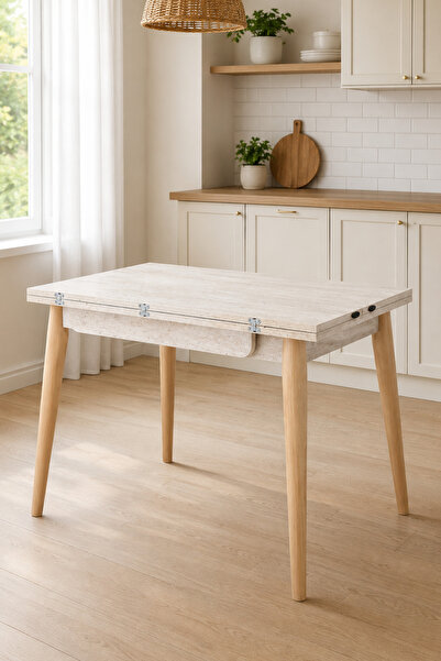 VİLİNZE Avanos Ahşap Ayaklı Katlanır Kanatlı Mdf Mutfak Masası - 60x90+60 (90...