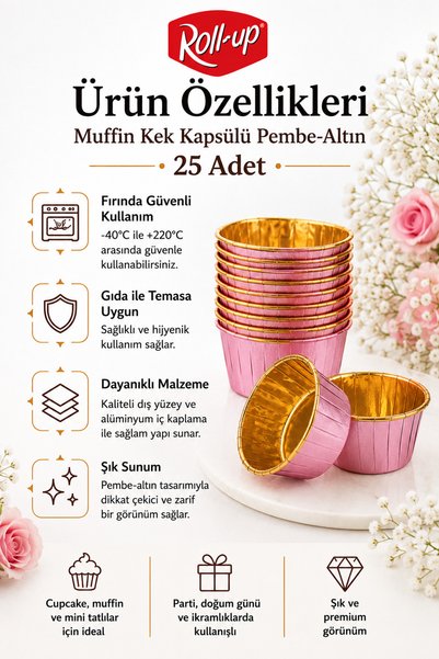 Dolphin Muffin Kek Kapsülü Pembe-altın 25li
