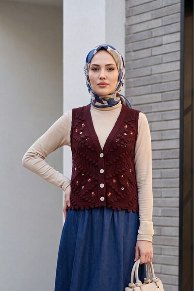 Modamorfo Pompom Flower Embroidered Openwork Knitwear Vest - Burgundy