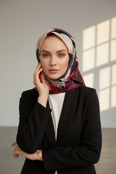 Vissona %100 Twill İpek Çizgili Geometrik Desenli Kırmızı - Krem Renkli 90x90...