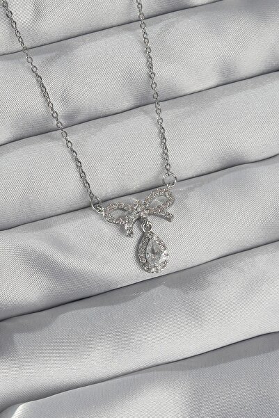 Inure Jewelry 316L Steel Silver Color Zircon Stone Bow Detail Drop Necklace