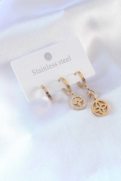 Inure Jewelry 316L Steel Gold Color Flower Model Zircon Stone Women's Earrings