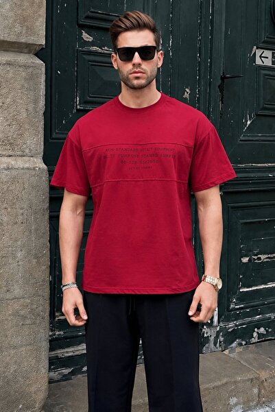 Madmext Burgundy Oversize Crew Neck Printed Men's T-Shirt 7018