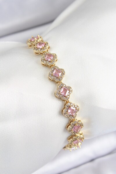 Inure Jewelry Brass Zircon Stone Pink Clover Baguette Model Gold Color Vip Se...