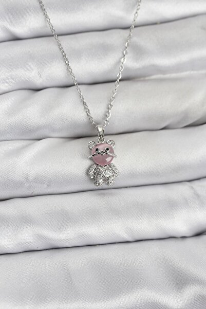 Inure Jewelry سلسلة فولاذية 316L فضية اللون على شكل دب تيدي مرصعة بحجر الزركو...