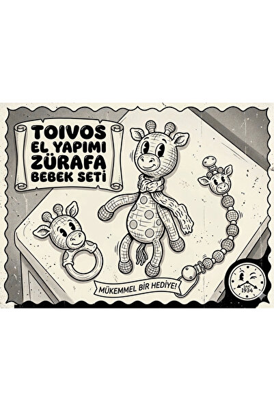 TOIVOS El Yapımı Amigurumi Zürafa Bebek Seti | Örgü Oyuncak + Emzik Klipsi + ...