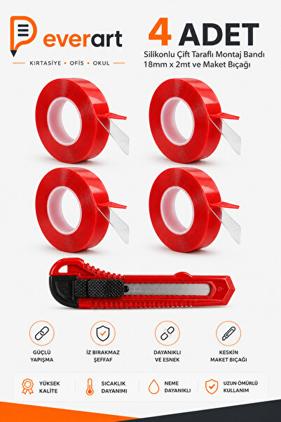 everart 4 ADET Silikonlu Çift Taraflı Montaj Bandı 18mm X 2mt ve Maket Bıçağı