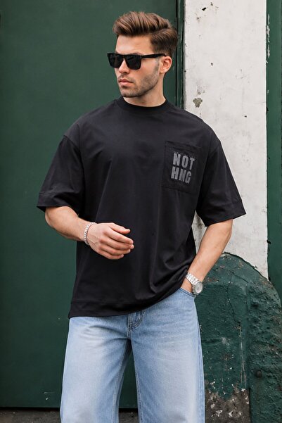 Madmext Black Pocket Detailed Oversize T-Shirt 7008