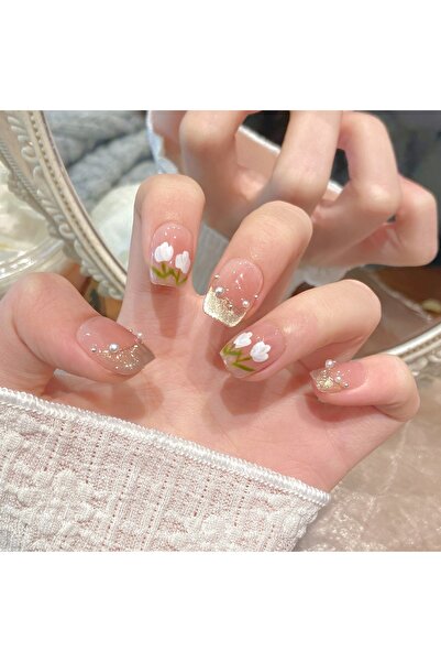 LoreaNails Altın Işıltılı Lale ve İncili Oval El Yapımı Takma Tırnak XS