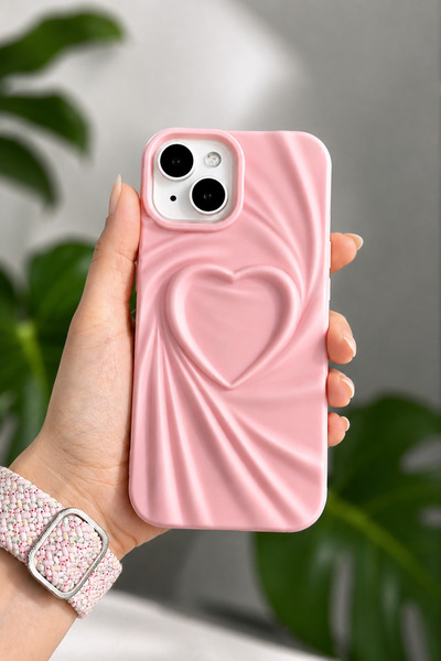 Go Aksesuar Apple Iphone 13 - 14 - 15  Uyumlu 3D Mat Saten Kalp Kabartma Dese...