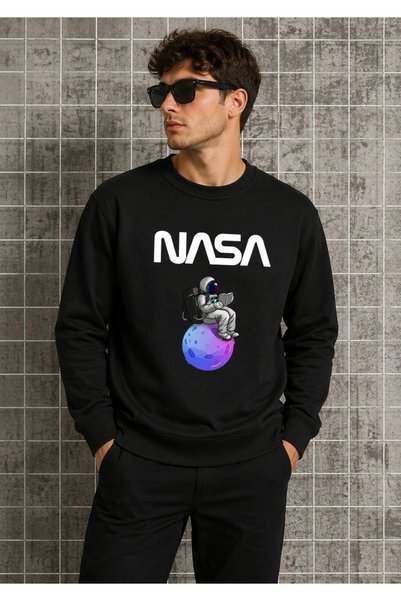 Boi Nasa Astranout Sitting Sweatshirt - Siyah Baskılı Oversize Kalın Bisiklet Yaka