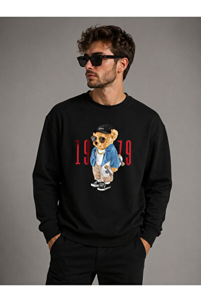 Boi Φούτερ Bear 1979 - Μαύρο εμπριμέ Oversize Χοντρό λαιμόκοψη