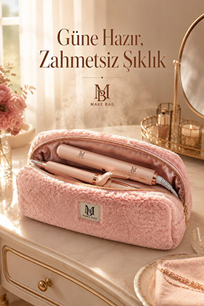 MAKE BAG PEMBE PELUŞ SAÇ ŞEKİLLENDİRİCİLERİ İÇİN SEYAHAT ÇANTASI