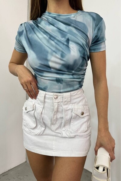 Modamorfo Waist and Shoulder Gathered Tie-Dye Print Sendy Blouse - Light Blue