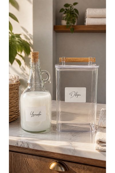 zezedesing Detergent Jar with Wooden Handle 2000Ml-Smoothing Bottle with Cork Lid 1000ml(Transparent Label)