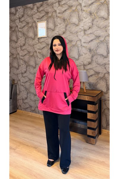 BURCU TESETTÜR Women's Double Color Garnished SWEAT BRC1703 Fuchsia