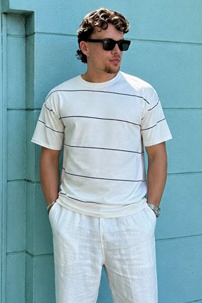 Madmext Ecru Crew Neck Basic Striped Men's T-Shirt E7102