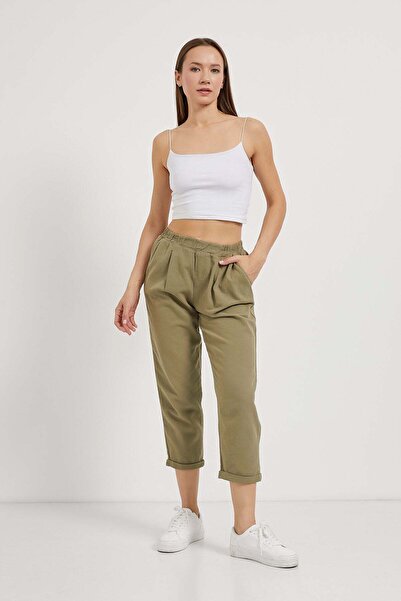 Arma Life Women's Elastic Waist Loose Linen Khaki Carrot Trousers