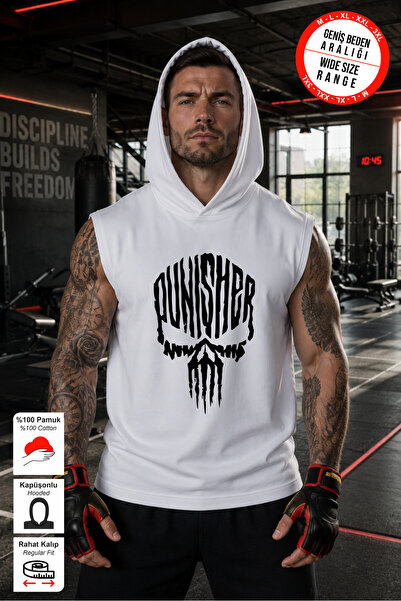 BESSA Erkek Punisher Baskılı Beyaz Kapüşonlu Pamuklu Atlet Kolsuz Sporcu Tshirt