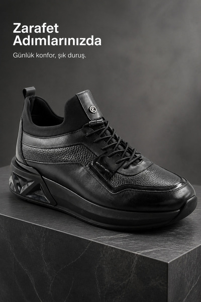 PATRICK CASSA Men's Black Leather Sports Shoes with Rubber Laces, Comfortable...