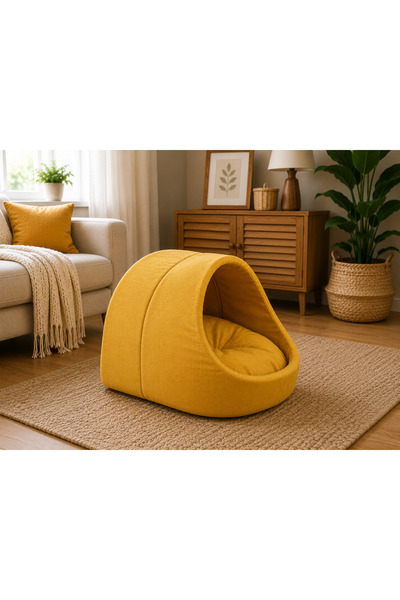 CatHouse Kıvırcıkpet Sarı Kedi Mağara Ev Yuvası Yıkanabilir 40*40 Cm