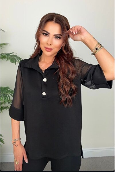 PARKDERİN Plus Size Soft Textured Sleeves Chiffon, Collar Buttoned Blouse