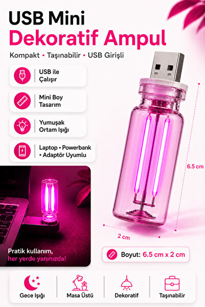 Neovista USB LED Gece Lambası Pembe Işık Dokunmatik Mini Taşınabilir USB Lamba