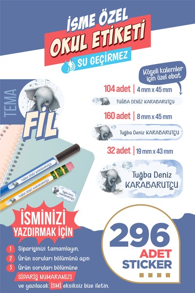 colortouch 296 ADET Fil Temalı Okul Etiketi Sticker Kalem Etiketi Sticker Def...