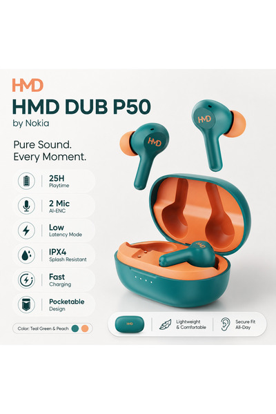 Hmd سماعات أذن لاسلكية حقيقية DUB P50، مشغلات صوت 6 مم، ميكروفونان بتقنية AI-...