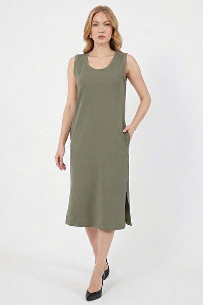 Fulla Moda Basic Yırtmaçlı Cepli Midi Boy Elbise