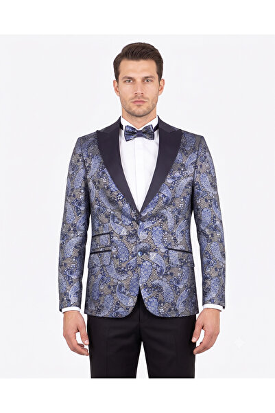 OSCAR BANKS سترة سموكن فاخرة من الجاكار بنمط بيزلي باللون الأزرق الداكن والرم...