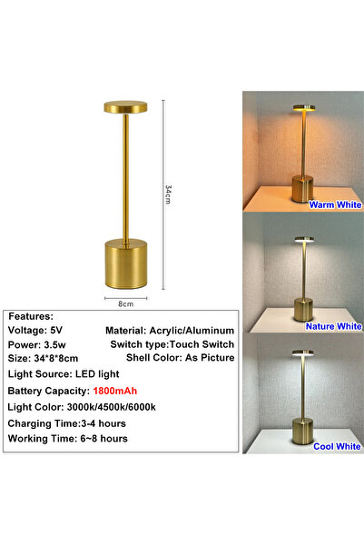 Choice Gold Nordic Style Rechargeable Alloy Desk Lamp, Cordless Touch Control...