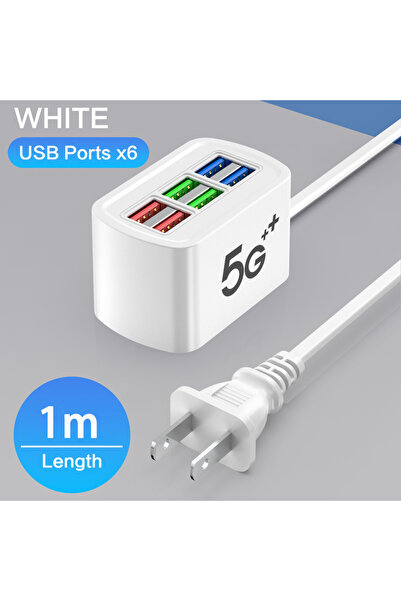 Choice1 شاحن USB متعدد المنافذ 6 في 1 أبيض اللون أمريكي الصنع، شريط طاقة مع م...