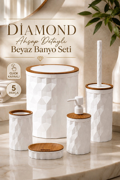 Store Hgy Home Wooden Detailed Off-White Diamond 5-Piece Bathroom Set