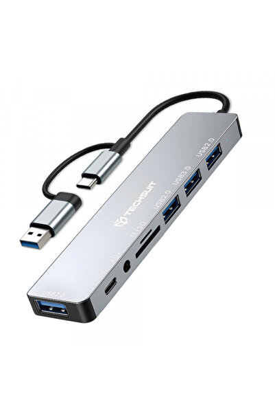 Techsuit Hub USB / USB-C H9 DataBridge, 8 în 1, Gri