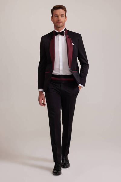 Ysf Erkek Bordo Siyah Slim Fit Şal Hakim Yaka Damatlık